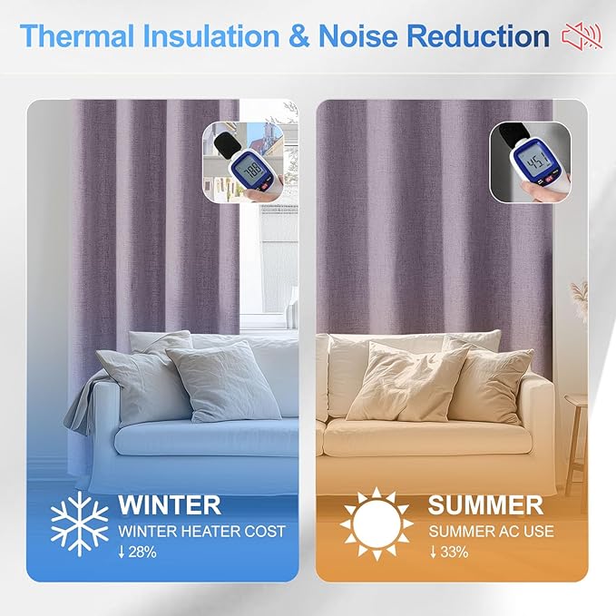 Linen 100% Blackout Curtains for Bedroom, Room Darkening Curtains for Living Room, 108 Inch Blackout Curtains, Extra Long Curtain Grommets Drapes, Thermal Curtains (2 Panels, Purple)