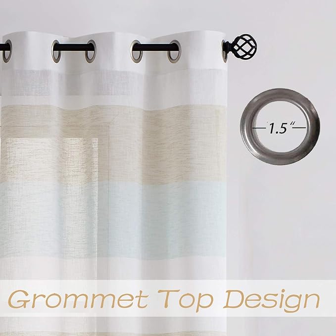 Central Park Tan and Spa Blue Stripe Sheer Color Block Window Curtain Panel Linen Texture Window Treatment for Bedroom Living Room Farmhouse 102 Inches Long with Grommets, 40"x102"x2