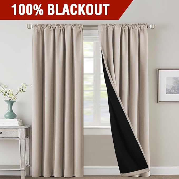 H.VERSAILTEX 100% Blackout Curtains for Bedroom with Black Liner Full Room Darkening Curtains Thermal Insulated Back Tab/Rod Pocket Window Drapes for Living Room, 2 Panels, 42 x 84 Inch, Natural