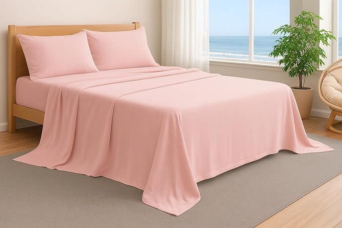100% Cotton Bed Sheet Set with Deep Pocket - T-Shirt Fabric Jersey Knit - Extra Soft - Easy Fit - 4 Piece Set with Pillowcases - All Season - Comfy – 4 pcs (Pink, King)