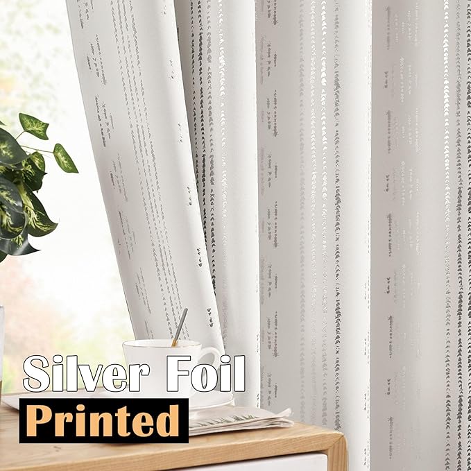 jinchan 95% Blackout Boho Curtains 90 Inches Long for Bedroom Living Room Silver Geometric Foil Printed Curtain Grommet Top Room Darkening Drapes Off White 52 x 90 2 Panels