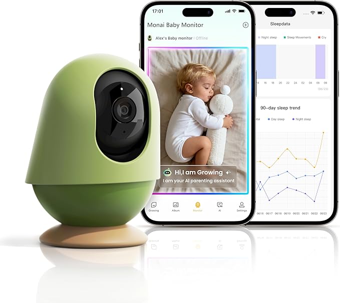 Monai Baby Monitor with Camera and Audio, 3K UHD, 6X Zoom, WiFi Video Monitor for Room or Travel, Pan 350° Tilt 65°, AI Cry Detection, Virtual Fence, Face-Cover Alerts, Sleep Monitoring, Night Vision