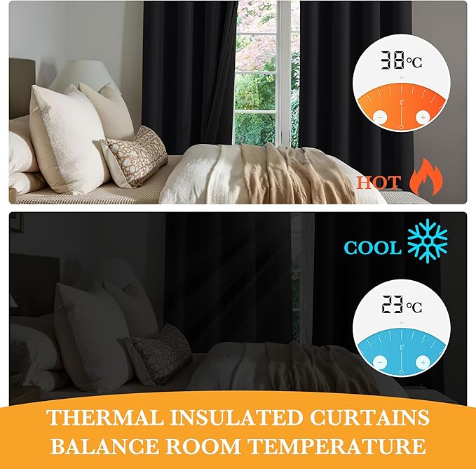 RYB HOME 100% Blackout Black Curtains for Bedroom Living Room, Thermal Insulated Heat Blocking Noise Reducing Window Curtains & Drapes for Kids Room, 52 inches Wide by 84 inches Long, 2 Panels Set