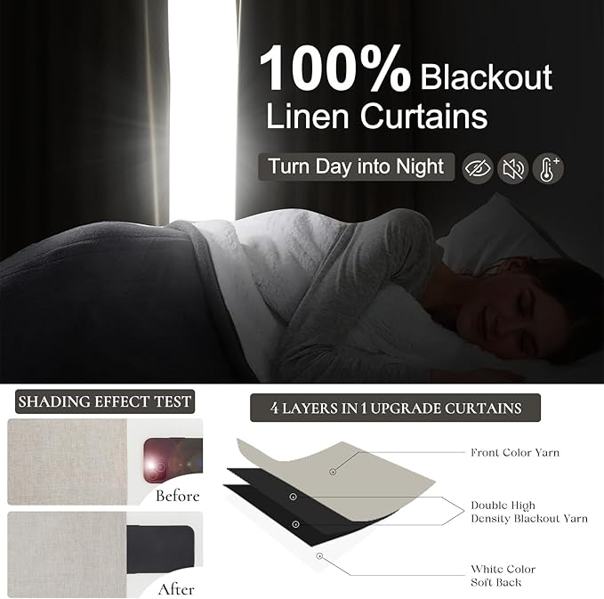 Natural Linen Black Out 54 Inches Long Boho Small Curtains 2 Panels Set, Farmhouse Short Curtain for Bedroom/Bathroom/Kitchen Thermal Insulated Flax Linen Pinch Pleated Bay Window Drapes (40"Wx54"L)