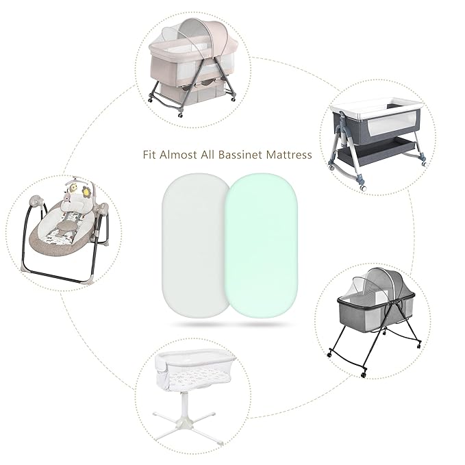TILLYOU Baby Bassinet Sheets for Girls Boys 2 Pack Baby Sheets for Square Rectangle Oval Bassinet Mattress 33X16 Inch, Gray and Green