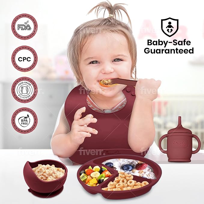 Silicone Baby Feeding Set, 10 Pcs Baby Led Weaning Supplies | BPA-Free Baby Dishes with Toddler Plates and Bowls Set, Silicone Bib, Suction Cup, Baby Spoons & Forks | Empower Independence – Red