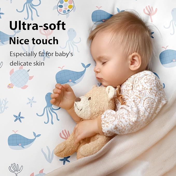Baby Mini Crib Sheets Boy, Portable 38”x26” Pack and Play Sheets Fitted for Playard and Pack N Play Mattress, 3-Pack Soft Microfiber Blue Ocean Whale