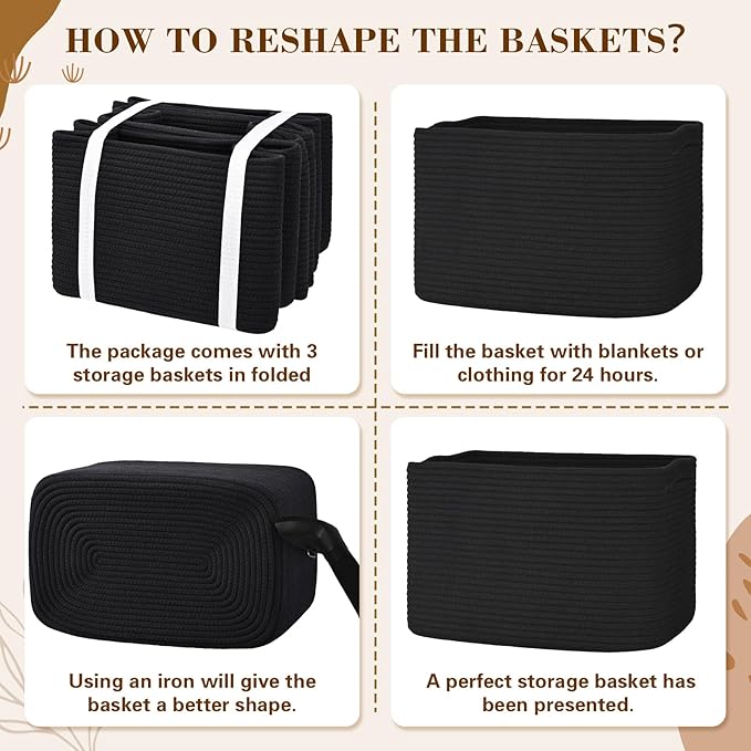 Woven Storage Baskets, Baskets for Organizing, 3 Pack Woven Basket for Storage, Storage Baskets for Shelf, Towel, Toy, Book, Closet, Baby 15"×10"×9"