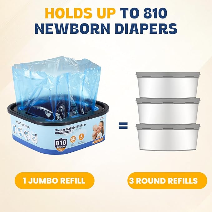 Diaper Pail Refill Bags,7-Layer Odor Prevention Technology,Thickened Design - Hold up to 810 Newborn-Sized Diaper Pail Bags- Pack of 4
