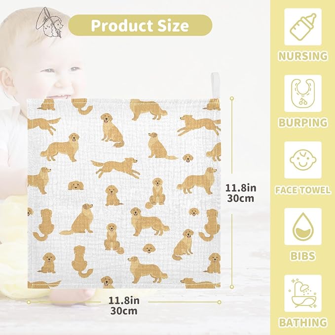 vvfelixl Baby Cotton Washcloths Golden Retriever Dogs Infants Bath Towel for Unisex Goldies Puppy Face Towels for Newborn, Natural Baby Wipes Delicate Skin, 11.8 X 11.8 inch, one sizex3