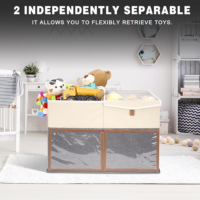 2 Pack Large Toy Storage Box with Clear Lids Collapsible Toy Organizer Chest with Adjustable Dividers Kids Storage Bin Basket for Boys Girls Living Room Nursery Playroom Closet Beige and Grey