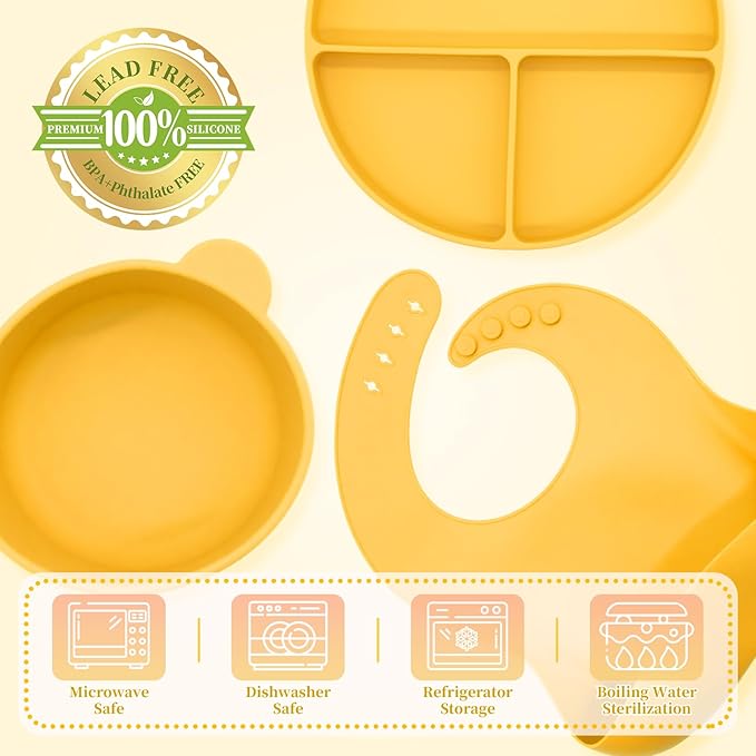 CHCC Silicone Baby Feeding Set 6 Pcs, Baby Led Weaning Supplies, Baby Feeding Supplies Set BPA Free, Baby Essentials for Newborn Gift Yellow