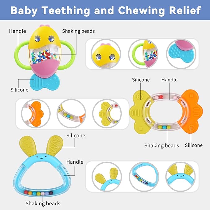 MOONTOY 9pcs Baby Rattles 3-6 Months, Infant Teething Toys 3-6 Months, Teethers Baby Toys 6-12 Months Sensory Toys for Babies 3 4 5 6 7 9 10 Month Boy Girl Gifts