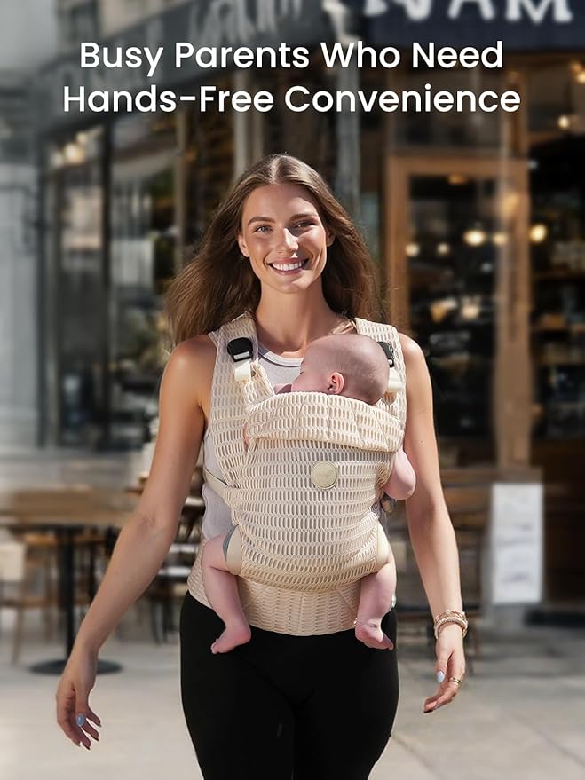 GROWNSY Baby Carrier Newborn to Toddler (7-44lbs), Ergonomic & Cozy Wraps Carrier with One-Click Buckle, Head Support for Hands-Free Comfort, Design for Infant to Toddler, Almond Beige