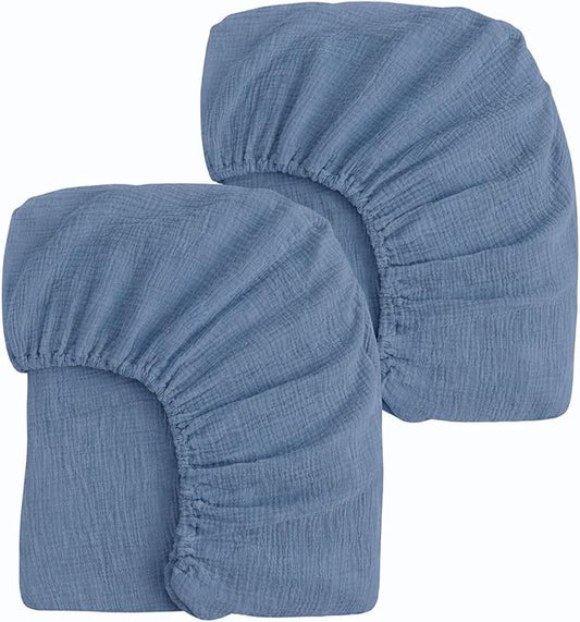 2 Pack Blue Muslin Crib Sheets for Boys & Girl- Neutral Breathable Cotton Crib Mattress Sheets Fitted for Standard 28"x 52"- Nursery Décor No Slip Crib Bed Sheets