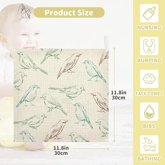 vvfelixl Baby Muslin Washcloths Color Birds Baby Burp Cloths Cotton Baby Face Towel for Newborn Infants Boys Girls Soft and Absorbent 11.8 X 11.8 in, 3 Pack