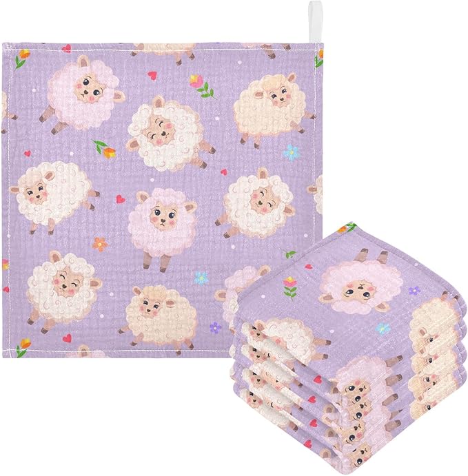 Vvfelixl Muslin Washcloths - Charming Sheeps Baby Burp Cloths, Cotton Face Towel for Newborn Infants, Boys, Girls - Soft and Absorbent, 11.8 X 11.8In, 3 Pack
