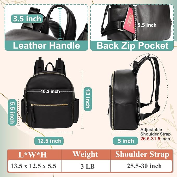 MOMINSIDE Small Diaper Bag Backpack, Mini Diaper Bag with 11 Pockets, Leather diaper backpack, Baby Diaper Bag for Baby Girls, 2 Insulated Pockets, Stroller Straps (Black)