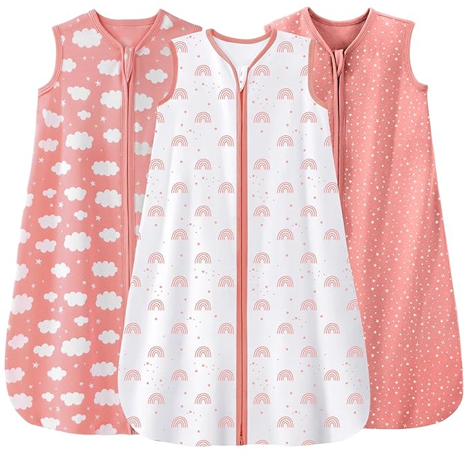 Unnivoll Baby Sleep Sack 0-6 Months 3 Pack 100% Cotton Lightweight 0.5 TOG Wearable Blanket Baby Sleep Bag with 2-Way Zipper for Newborn Infant Toddler Pink