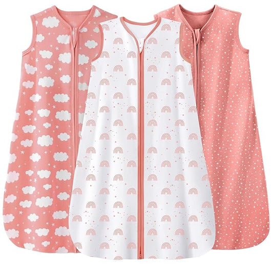 Unnivoll Baby Sleep Sack 6-12 Months 3 Pack 100% Cotton Lightweight 0.5 TOG Wearable Blanket Baby Sleep Bag with 2-Way Zipper for Newborn Infant Toddler Pink