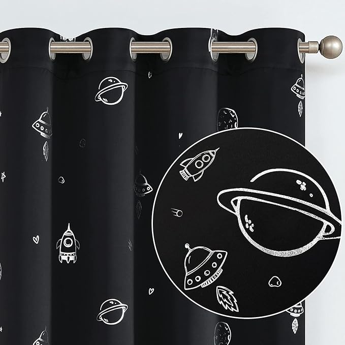 Vangao Blackout Curtains for Bedroom Kids Curtains 84 Inches Length for Boys Bedroom Space Theme Nursery Girls Room Silver Foil Print Spaceship Drapes Grommet Top Light Blocking Set 2 Panels