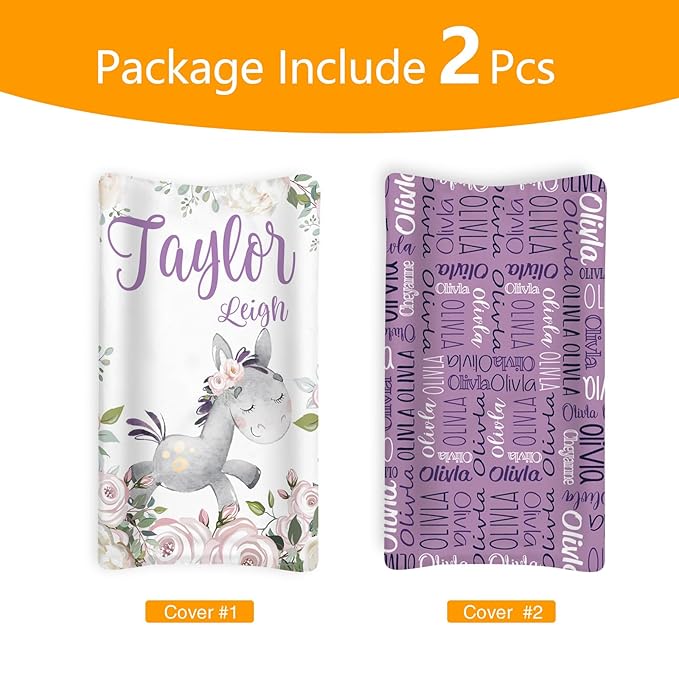Custom Changing Pad Cover Set - Jersey Knit Ultra Soft Unisex Waterproof Diaper Changing Table Covers with Personalized Name for Baby Boys Girls - Comfy Cozy 2 Pcs Set Style12