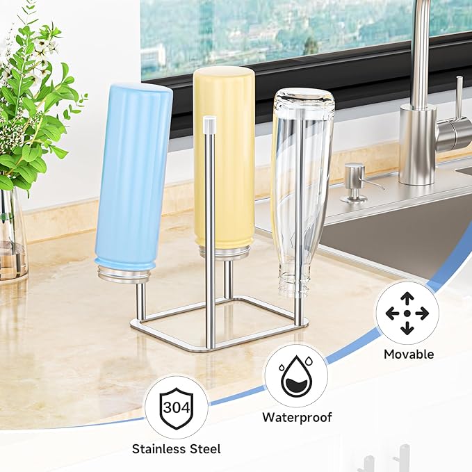LOXSUN Water Bottle Drying Rack, Stainless Steel Bottle Dryer Rack, Baby Bottles Rack Dryer, Cup Drying Rack, Reusable Bag Drying Stand, Kitchen Stand Holder for Glass Bottles, Plastic Bag (Silver)