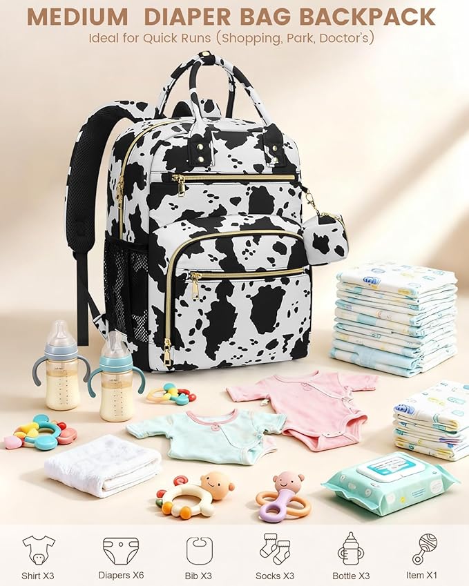 Diaper Bag Backpack,Baby Essentials Diapers Bag with Pacifier Case,Multipurpose Stylish Large Capacity Travel Backpack for Baby Girl/Boy(M-Cow Print)