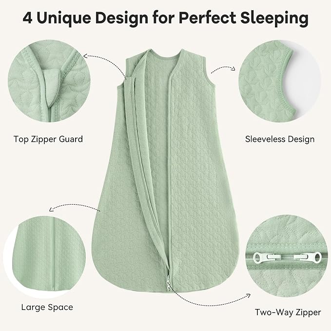 Unnivoll Baby Sleep Sack 0-6 Months 1.0 Tog Baby Wearable Blanket Cotton Sleeping Sack Quilted Baby Sleep Bag with 2-Way Zipper for Infant Newborn Green