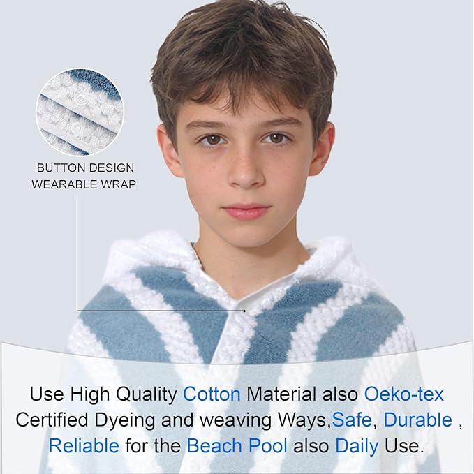 Big Kids Hooded Bath Towel(8-14 Years,64"X33") | Soft Quick Drying Absorbent 100%Cotton Thick Towel Wrap for Teens Boy/Girl | Versatile Beach, Pool, Swim & Bath Cover-Up | Blue Gray Stripe