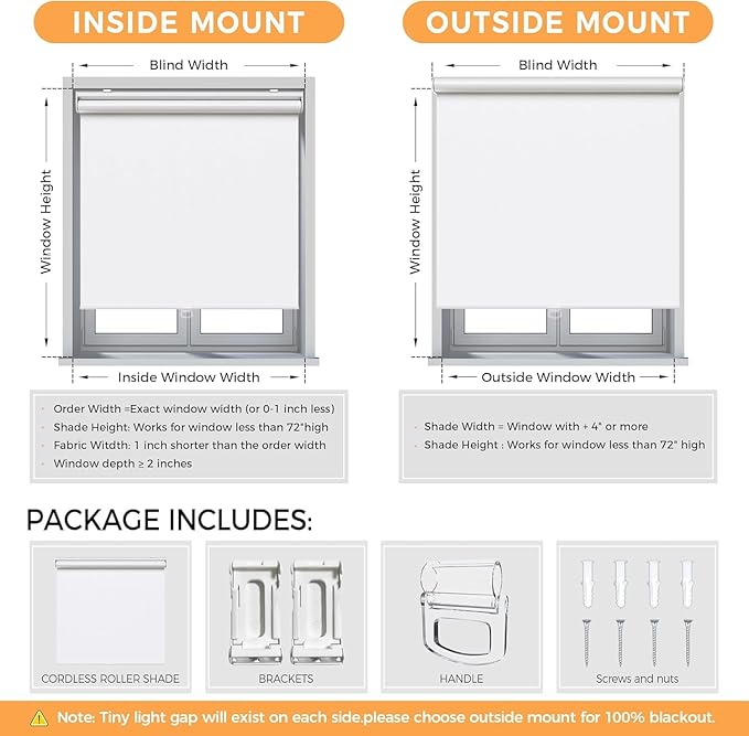 Cordless Roller Shades Blackout Blinds for Windows Room Darkening Rolled Up Shades with Spring System, UV Protection Window Shades Door Blinds for Home and Office (White, 70" W x 72" H)