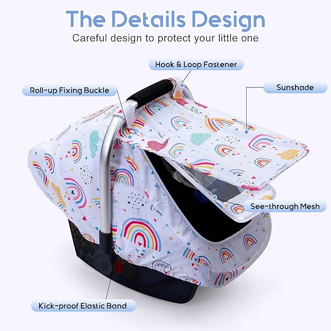 Car Seat Cover Baby Girls, Outdoor Infant Car Seat Canopy, Breathable Carseat Cover for Stroller, 2 Layers with Mesh Window & Privasy Sun Shade, Protective Baby Carrier Cover for Newborn Shower Gift