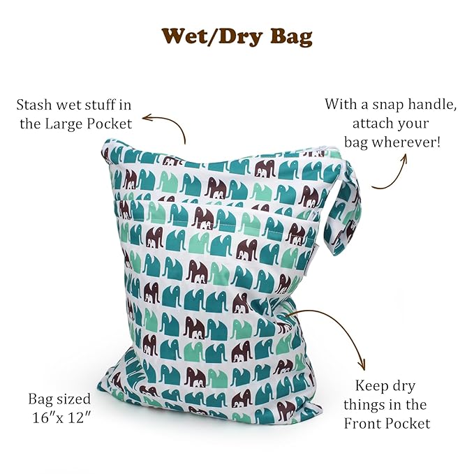 Mama Koala Waterproof Cloth Diaper Wet Bag Reusable Waterproof - - Odor Resistant Travel Wet Dry Bag for Cloth Diapers, Daycare, Baby Outings, 2 Pack (W022)