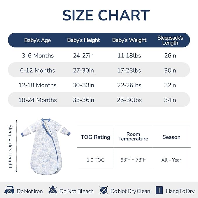 Baby Sleep Sack 6–12 Months, Cotton Sleep Sack with Detachable Long Sleeves, 1.0 TOG Wearable Blanket for Cooler Nights, 2-Way Zipper Toddler Sleeping Sack with Temperature Strip, Forest