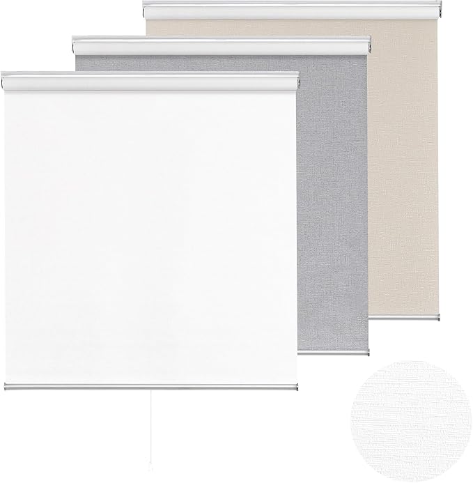 ChrisDowa Cordless 100% Blackout Roller Shade, with Striped Jacquard, Thermal Insulated, UV Protection Fabric, Total Blackout Blinds for Window, French Doors, Home and Office. White, 40" W x 72" H