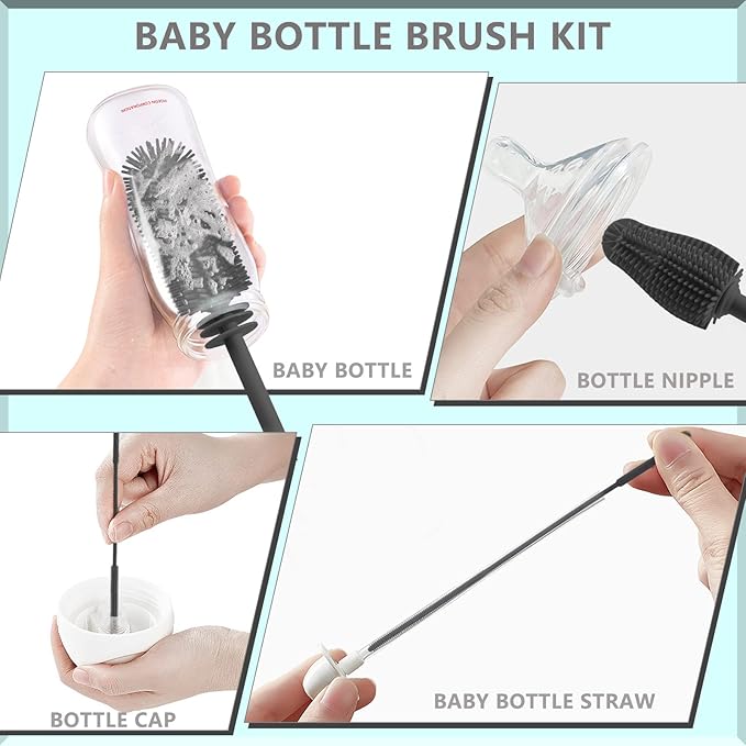 WQSS AOEIU Silicone Baby Bottle and Straw Cleaner Set, Dish Brush, Versatile Deep Cleaning Long Water Bottle Brushes, Heat Resistant Sturdy Kitchen Brush, Hangable Cup Cleaner