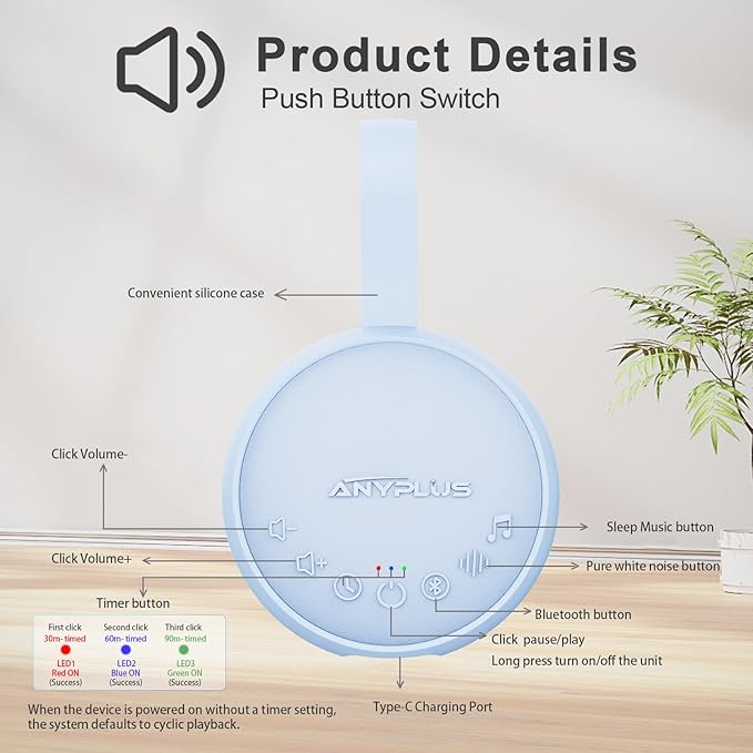White Noise Sound Machine for Sleeping Adults & Baby, Portable Noise Machine with 24 Soothing Sounds, Bluetooth 5.1, Battery Powered, 3 Timer Settings, Memory Function for Home, Office, Travel (Blue)