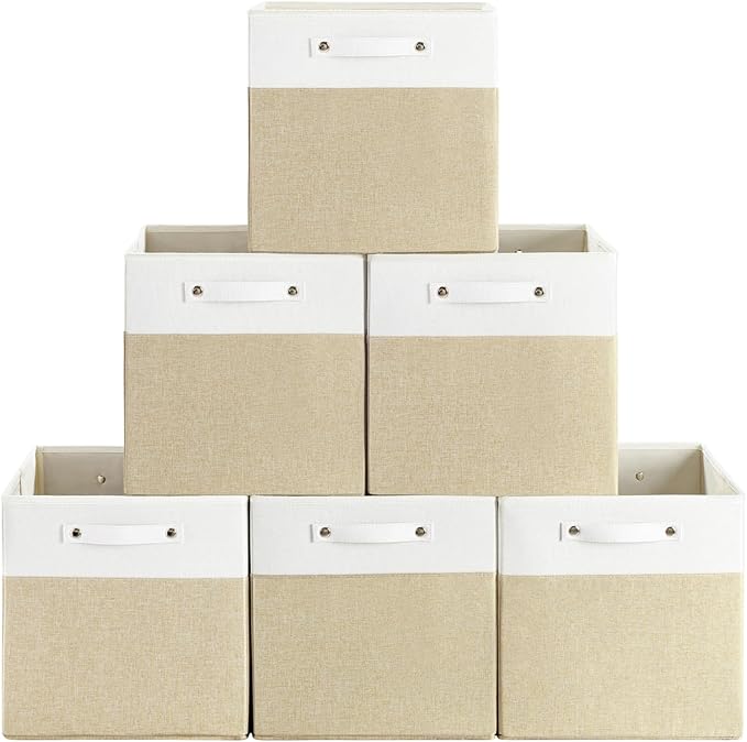 13 x 13 Inch Fine Linen Storage Bins with Handles，Fabric Cube Boxs，Basket Organizers for Shelves for Home, Closet Drawers (White/Khaki-6 Pack)