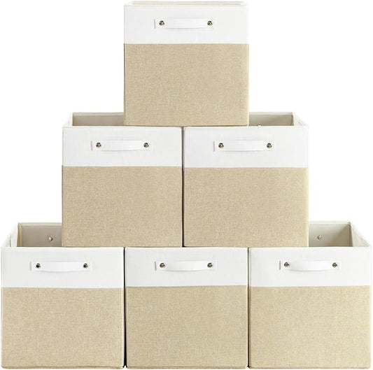 13 x 13 Inch Fine Linen Storage Bins with Handles，Fabric Cube Boxs，Basket Organizers for Shelves for Home, Closet Drawers (White/Khaki-6 Pack)