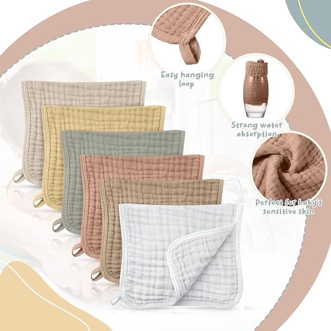 Irenare 6 Pack Muslin Burp Cloths Cotton Baby Burping Rags Large 20 x 10 Inch 6 Layers Spit up Rags Soft Absorbent Multicolor Wash Cloths Diapers for Newborn Baby Girl Boy (Light Color)