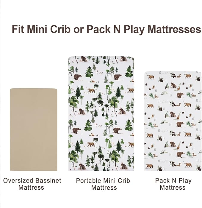 david's kids 3 Pack Mini Crib Sheets, Soft Breathable Premium Pack N Play Sheets for Baby Boys Girls Neutral, Playard and Mini Crib Mattresses, Woodland Animals