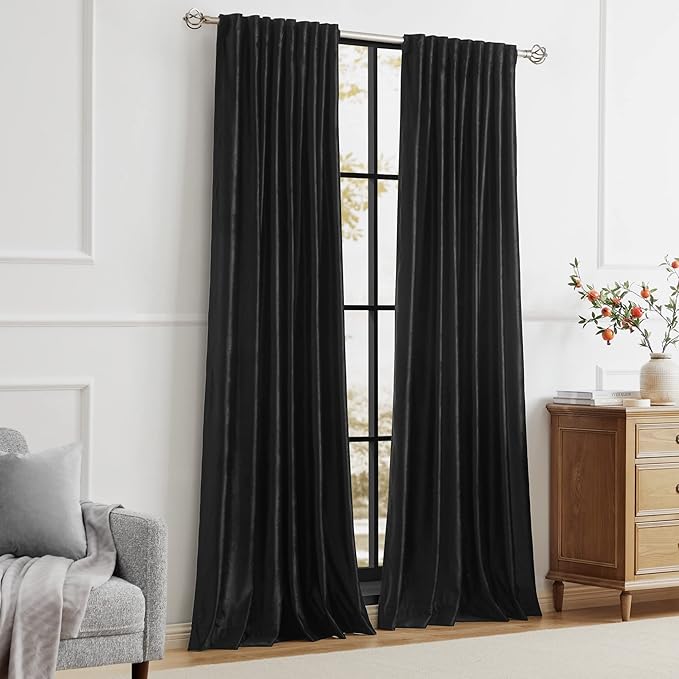 Black Plush Velvet Blackout Curtains 108 Inch Long for Bedroom, Set of 2 Panels With Liner, Rod Pocket Back Tab Thermal Window Drapes, Room Darkening Heavy Decorative for Living Room