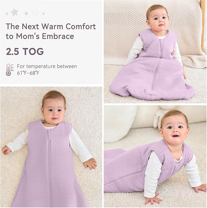 Unnivoll Baby Sleep Sack 18-24 Months TOG 2.5 Winter Baby Wearable Blanket, 100% Cotton Fabric Newborn Infant Sleeping Sack 2-Way Zipper Quilted Baby Sleep Bag, Warm Soft Purple