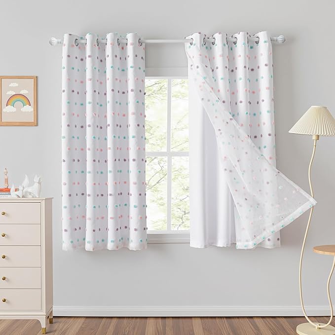 MYSKY HOME White Curtains for Girls Bedroom Rainbow Pom Pom Sheer Curtain 63 Inches Length Thermal Insulated Nursery Curtains Room Darkening Short Kitchen Drapes Grommet, 52" x 63", 2 Panels
