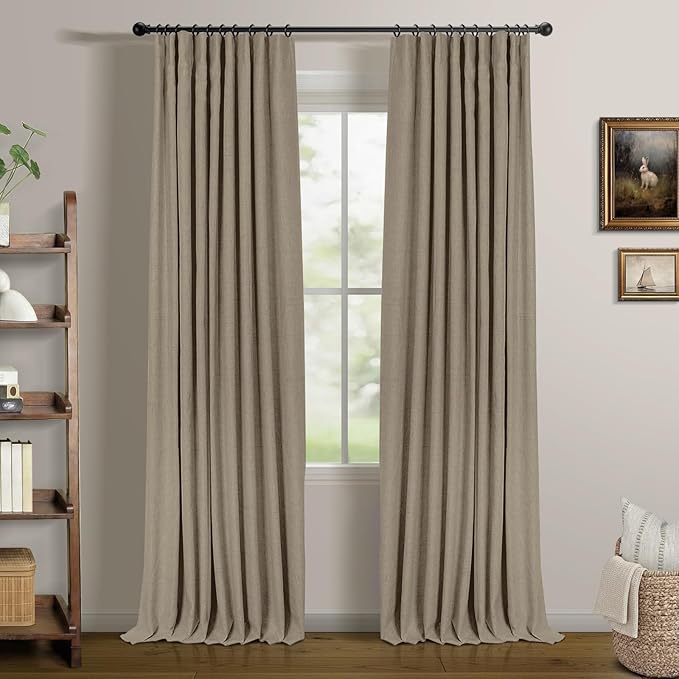 INOVADAY 100% Blackout Curtains for Bedroom, Black Out Curtains 96 Inch Long, Clip Rings Linen Blackout Drapes, Thermal Insulated Room Darkening for Living Room, 2 Panels - Earthy Beige,W50xL96