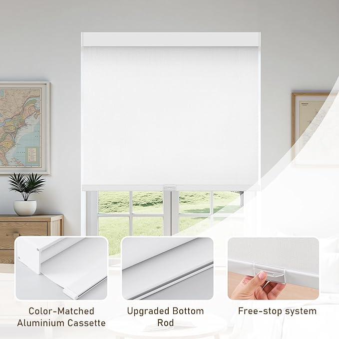 AOSKY Linen Roller Blinds Shades for Indoor Windows Pull Down Cordless Blackout Black Out Window Shade 25 Inch Blinds for Home White