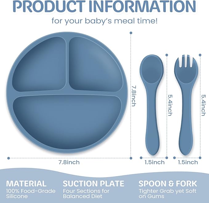 Potchen 6 Pack Suction Plates for Baby with Spoon Fork Divided Toddler Plate with Suction Silicone Baby Self Feeding Set for Boys Girls (Dark Gray, Army, Dark Blue, Orange, Khaki, Pink)