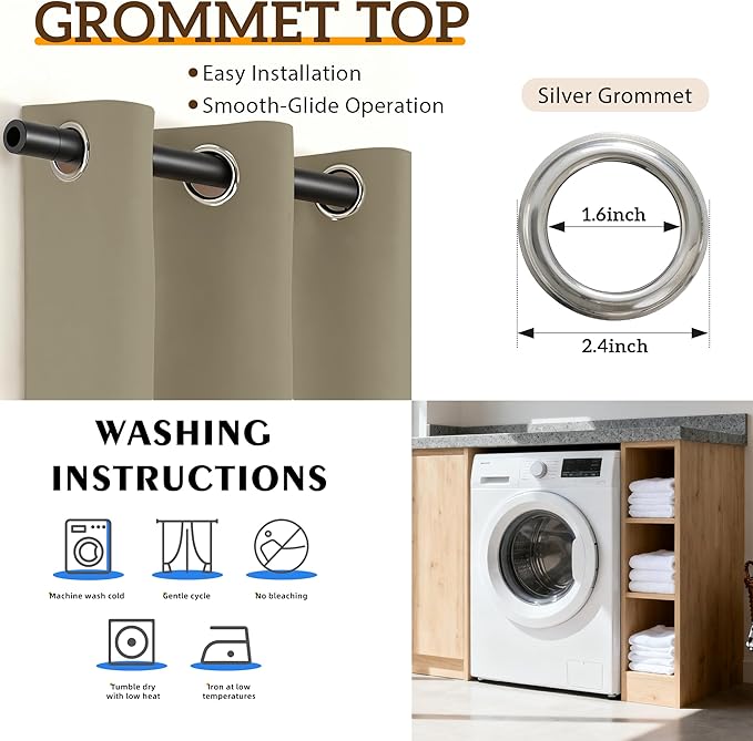 100% Blackout Curtains 84 Inch Length for Bedroom Living Room, Grommet Thermal Insulated Room Darkening Drapes, Light Blocking Window Treatment Decor, 2 Panels, 37x84, Taupe
