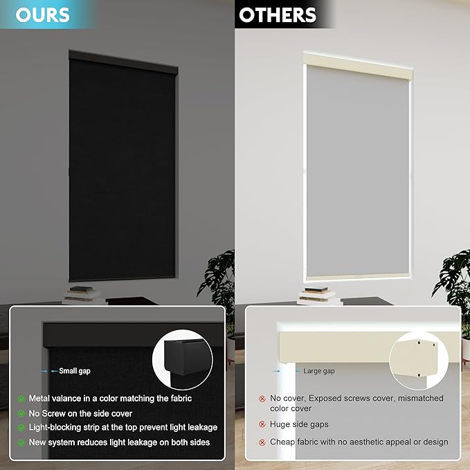 100% Blackout Roller Shades, Free-Stop Cordless Roller Blinds for Windows, Linen Fabric, Thermal Insulated Linen Fabric Window Shades UV Protection for Home, Door, Black44.5 W x 72" H