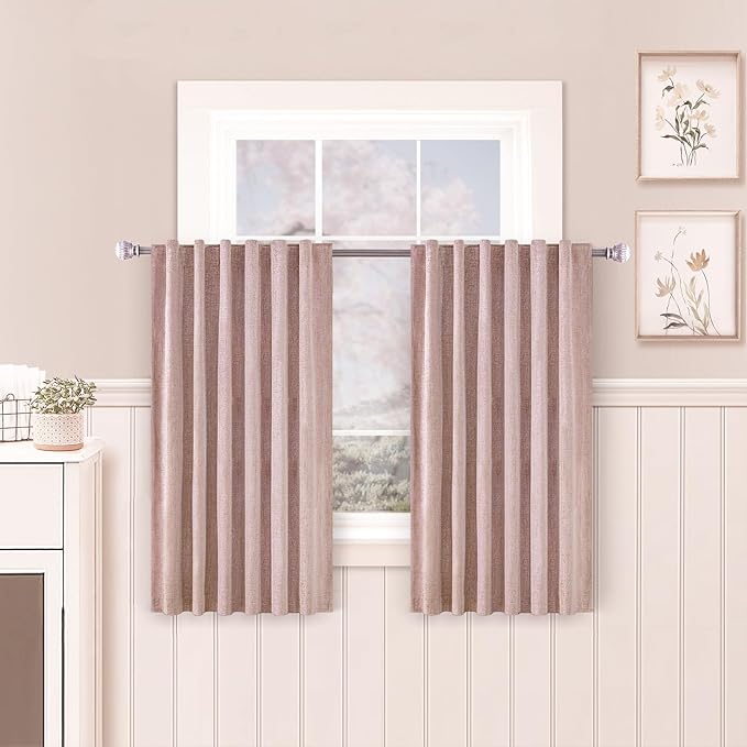 Blush Pink Linen 100% Blackout Curtains 54 Inches Long 2 Panels Set for Girls Back Tab Thermal Insulated Black Out Linen Drapes Room Darkening Short Window Curtains 54 Inch Length